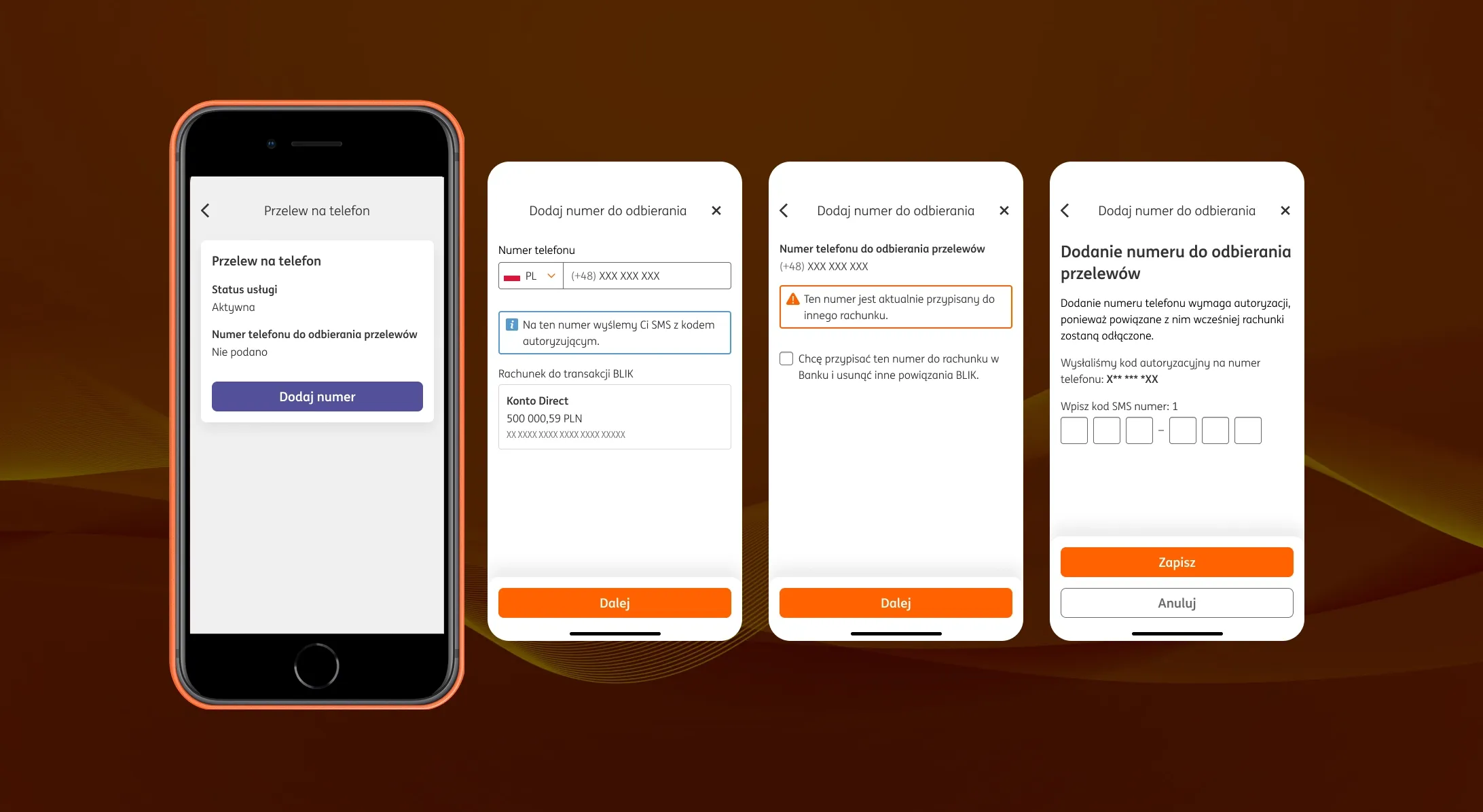 Wireframes ekranów — Przelew na telefon, Zmiana ustawień, Kod BLIK