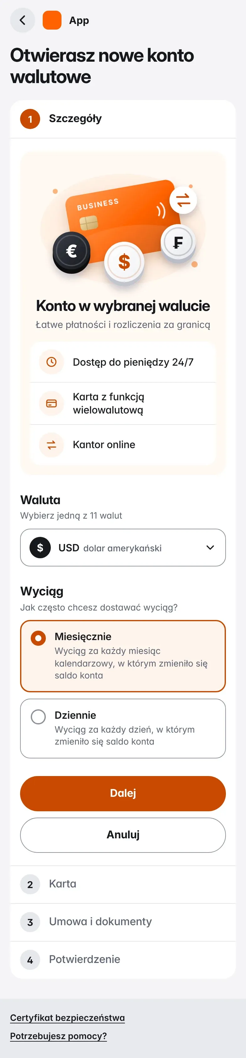 Ekran kroku 1 wniosku: wybór waluty nowego konta (lista 11 walut) i częstotliwości wyciągu
