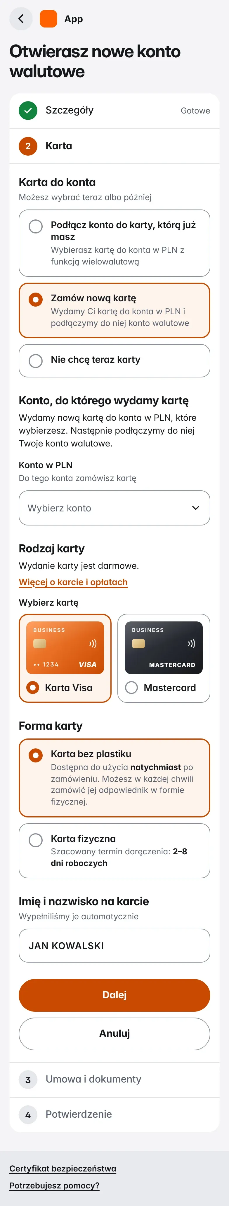 Ekran kroku 2: wybór karty — podpięcie konta do istniejącej karty wielowalutowej, zamówienie nowej (Visa lub Mastercard, bez plastiku lub fizyczna) albo pominięcie tego kroku