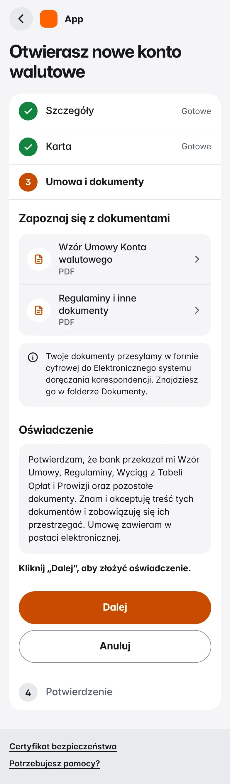 Ekran kroku 3: dokumenty do pobrania (umowa, regulaminy i zgody do kantoru) oraz oświadczenie