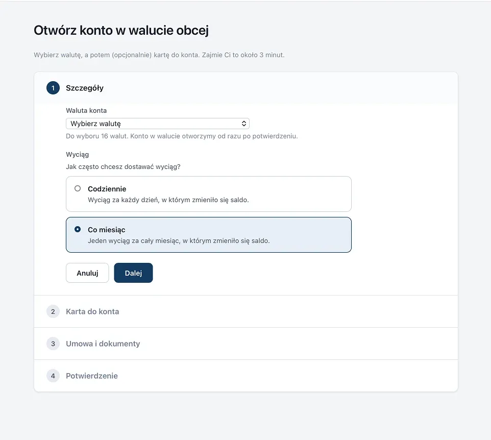 Widok prototypu zbudowanego z AI: pierwszy krok wniosku z wyborem waluty i wyciągu oraz listą kolejnych etapów