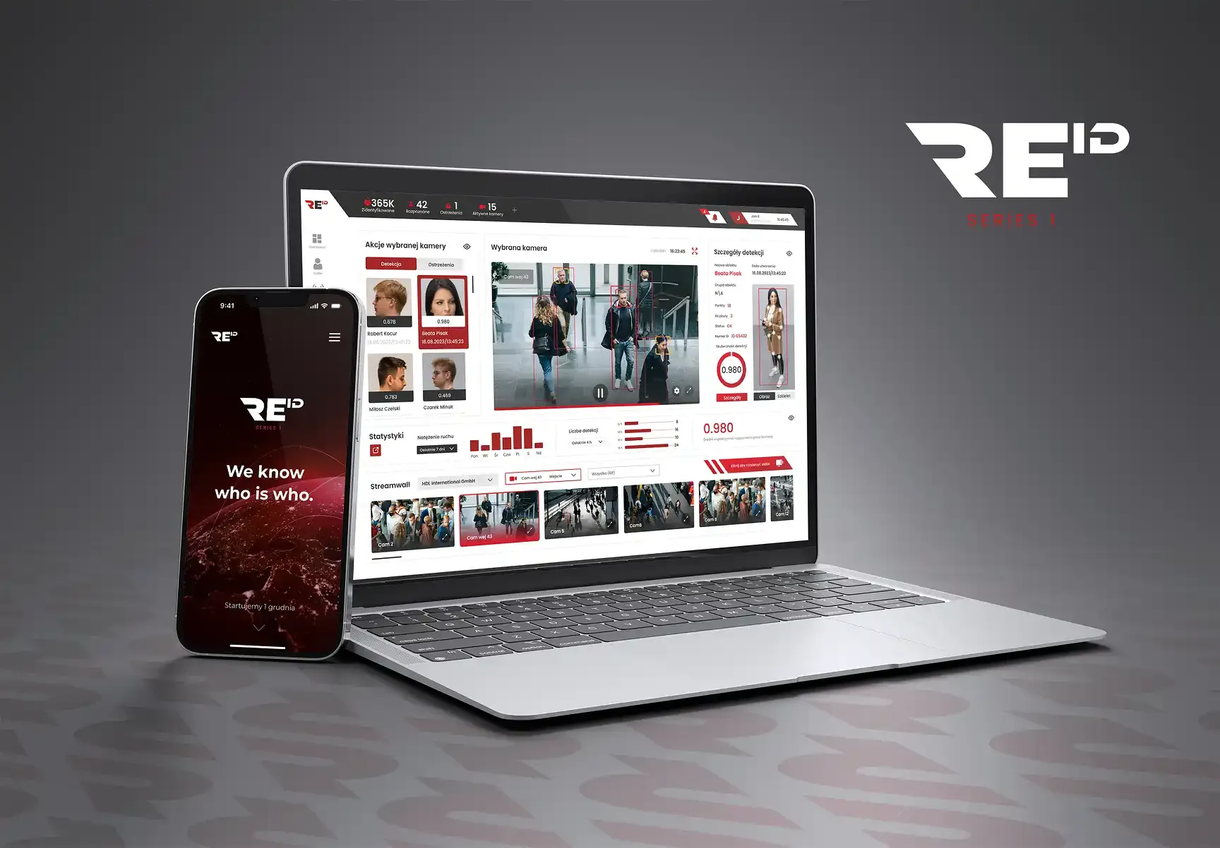 REID — dashboard operatora z podglądem kamer i detekcją osób na laptopie oraz aplikacja mobilna
