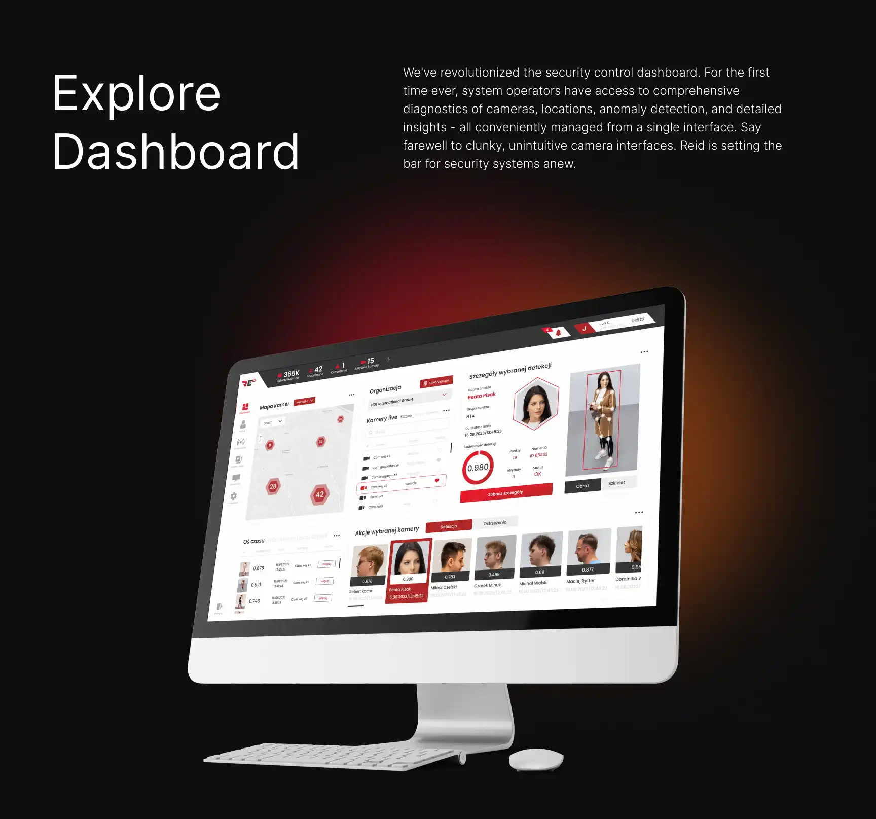 Explore Dashboard — Gait Analysis jako główny atrybut reidentyfikacji, pełna diagnostyka kamer